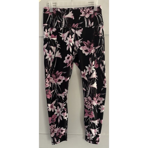 Yogalicious Activewear Leggings High Waist Side Pockets Black Floral Size M - Picture 1 of 6